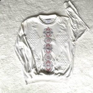 Crewneck White Sweatshirt Embroidered Comfy Grandma Floral Vintage Beaded, Small